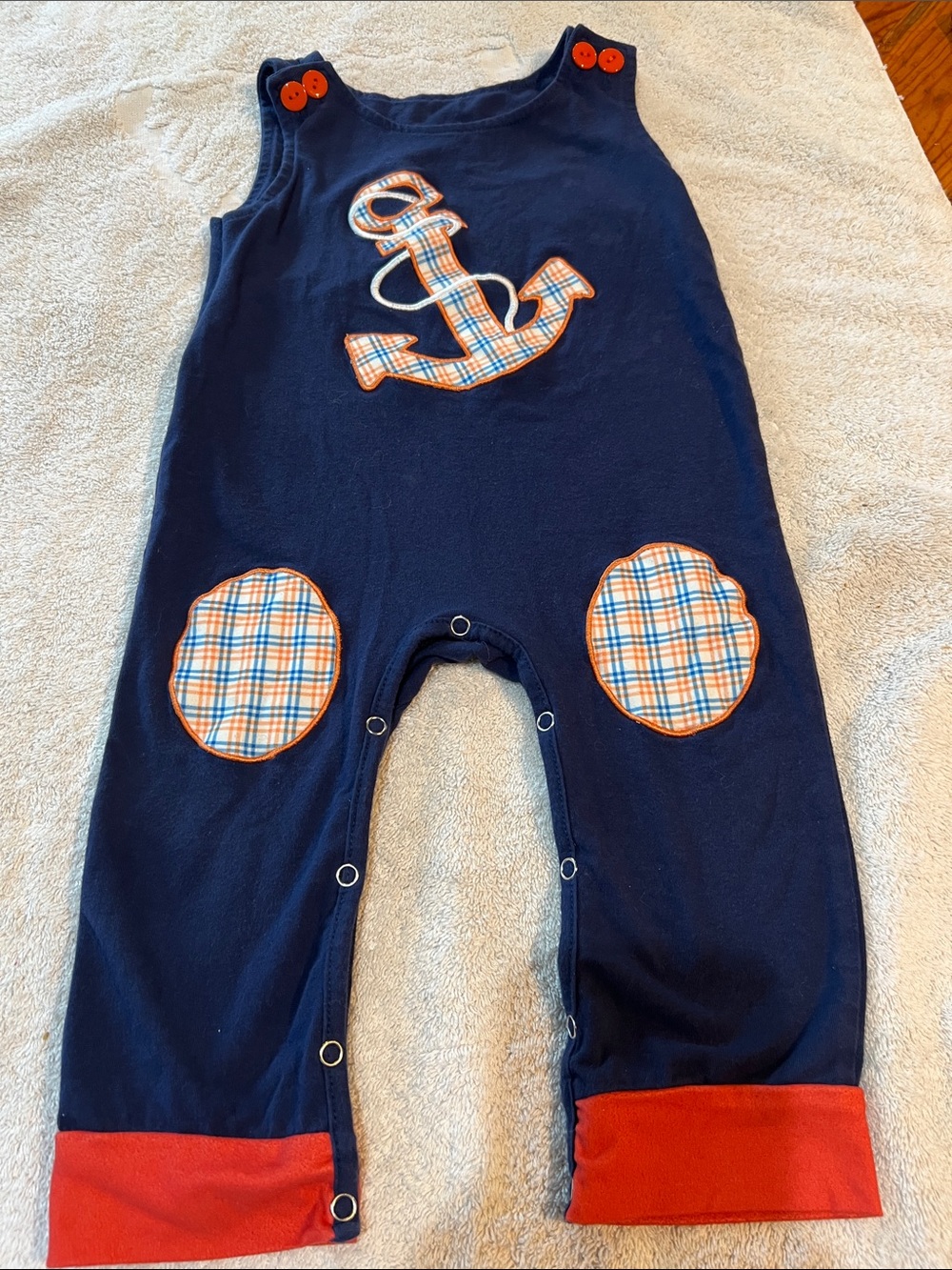 Navy Anchor Romper – Orange Plaid Accents – 12–18M